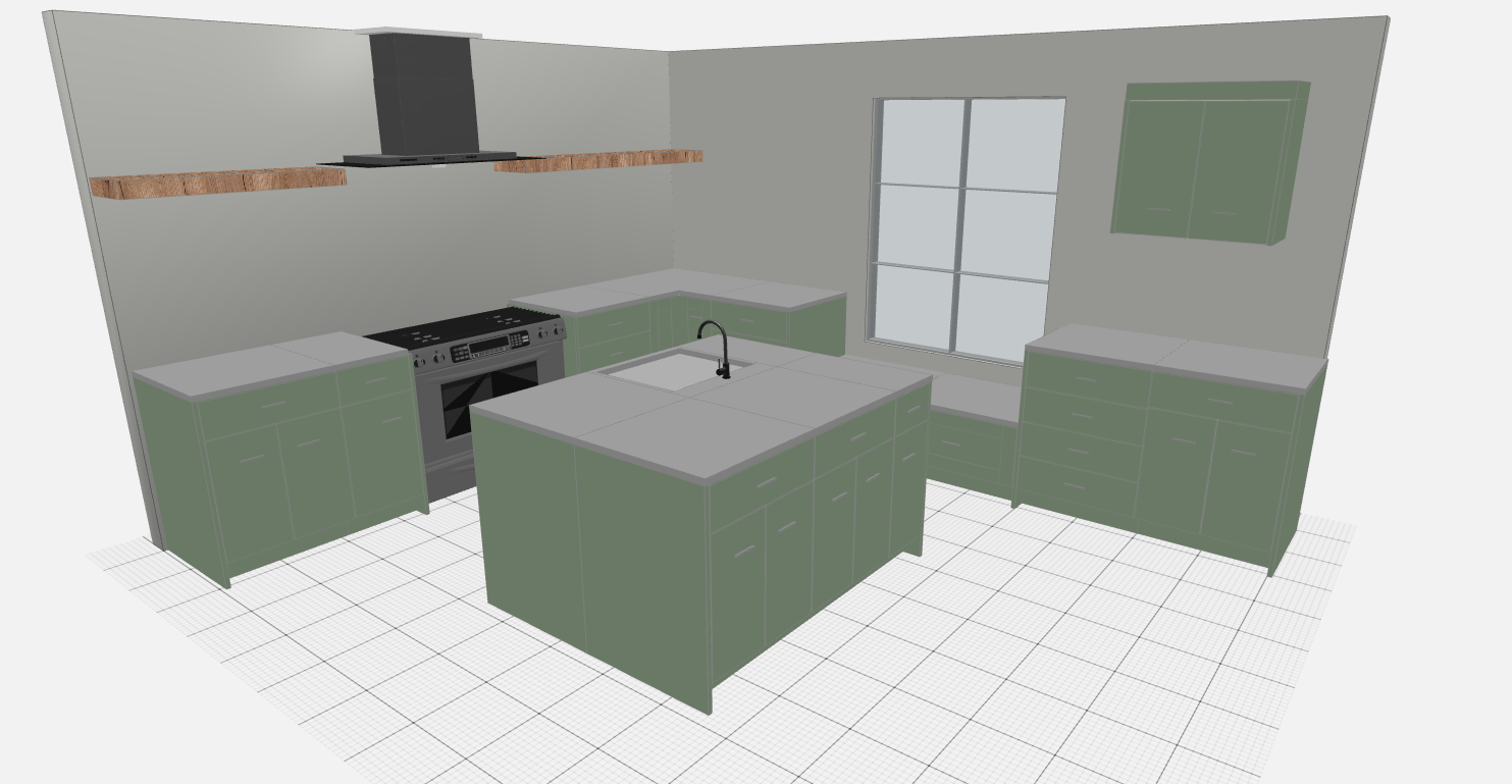 Green kitchen design sketch before AI rendering